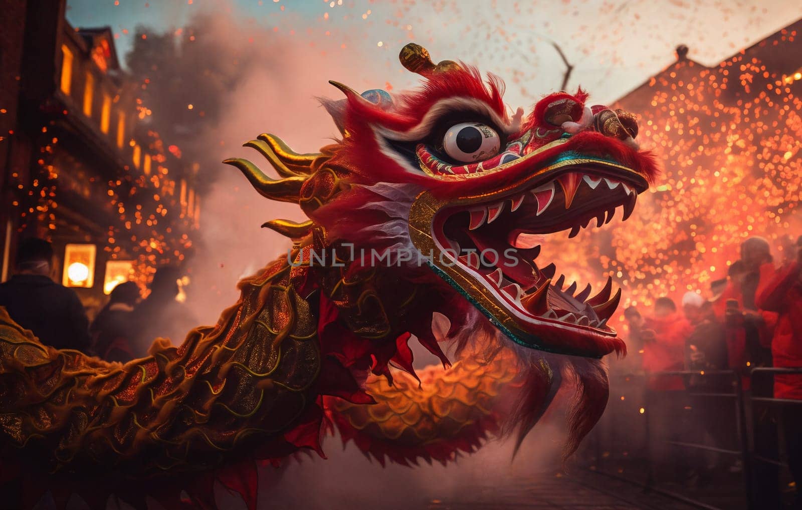 A majestic dragon, adorned with traditional Lunar New Year decorations. Ai generative