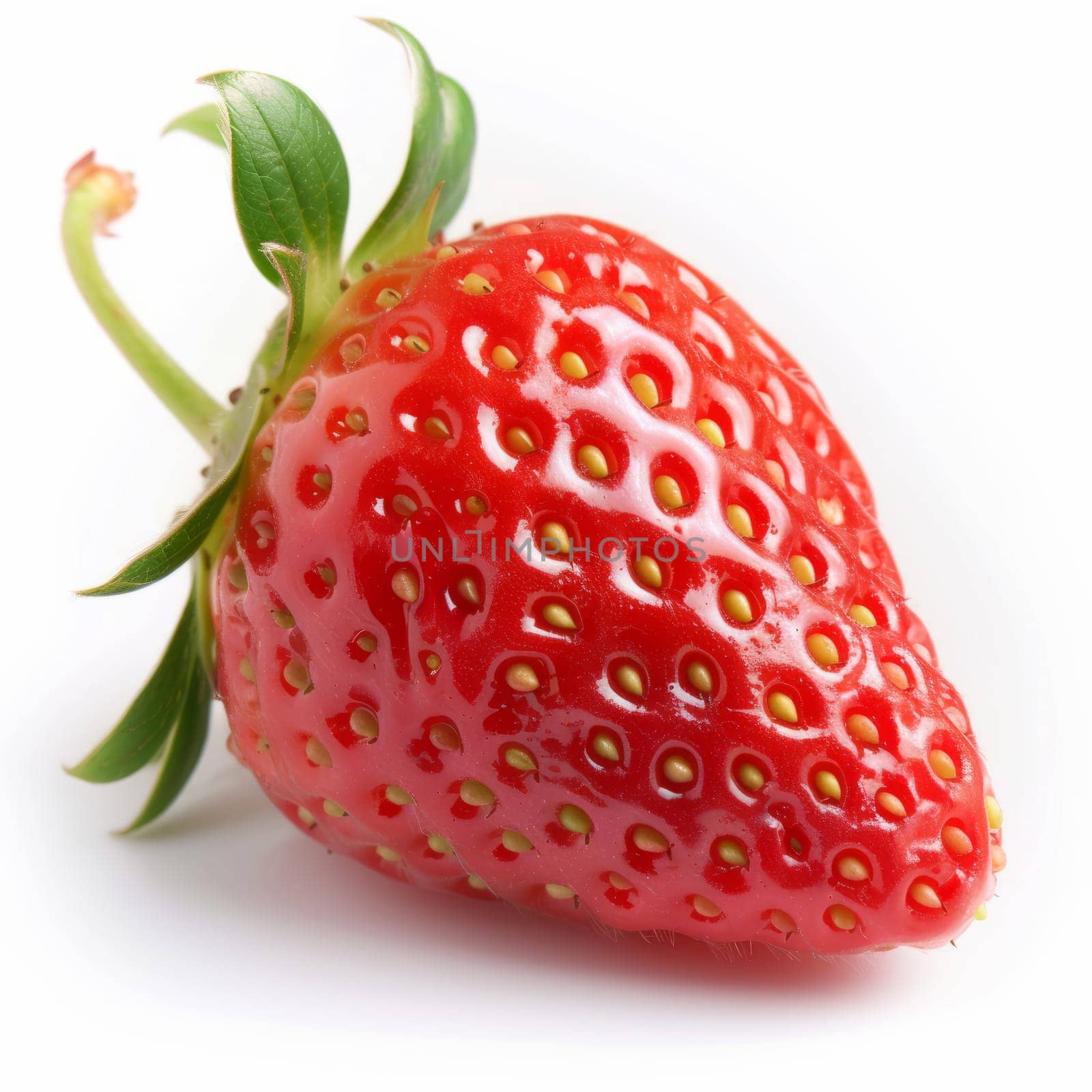 A vibrant red strawberry with green leaves, detailed seeds, isolated on a white background