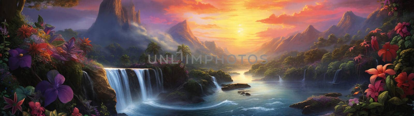Fantasy landscape with waterfalls, flowers and tropical plants on foreground, panorama.