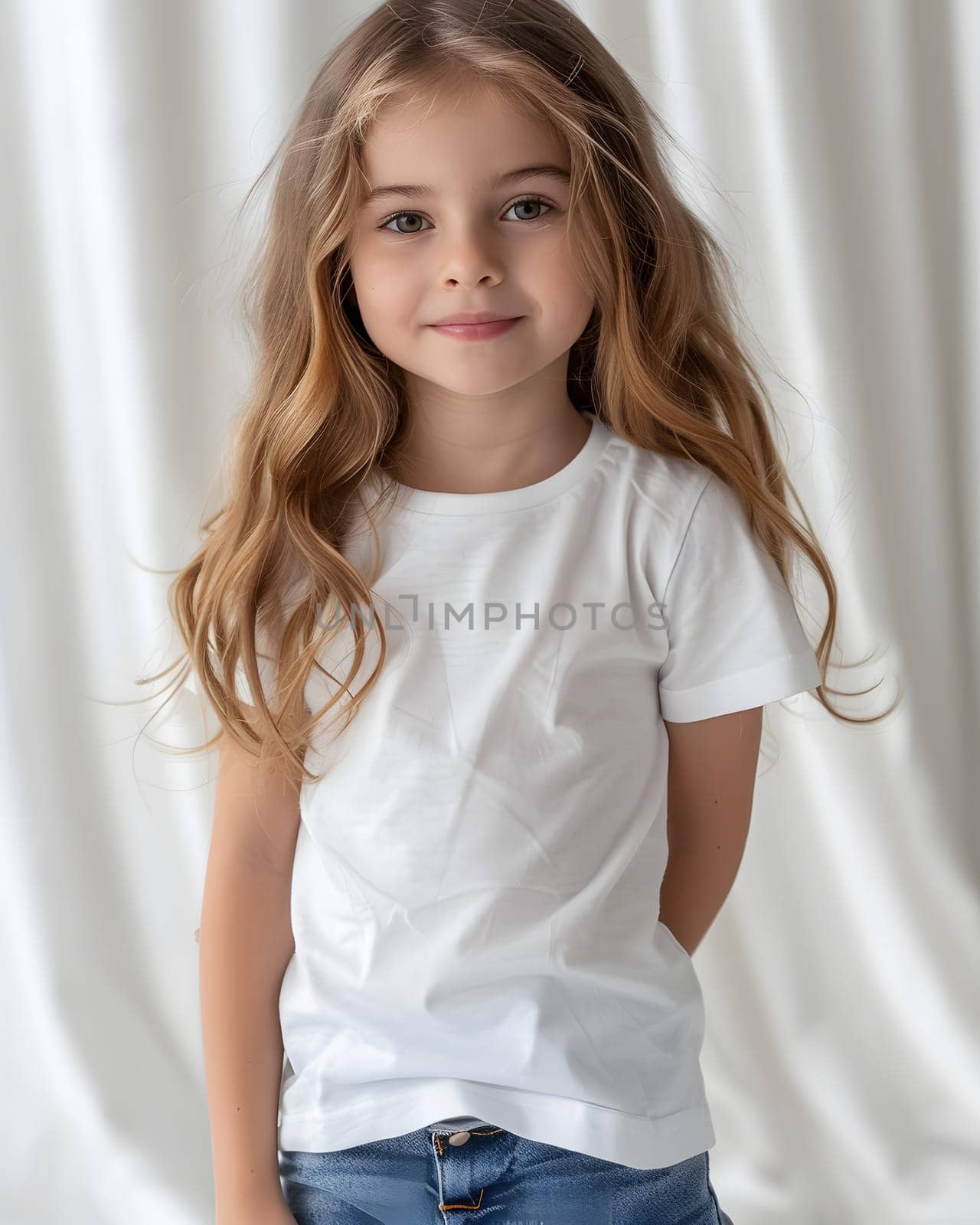 Girl's White Short Sleeve Round Neck T-Shirt Mockup It is a useful tool for clothing designers to help visualize T-shirts before actual production Save time and money and makes it easier to decide.