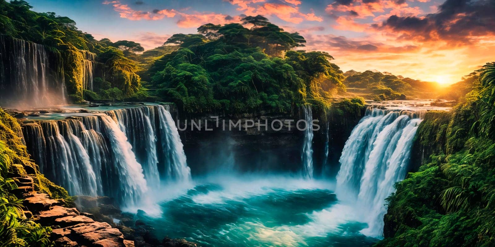 Fantasy landscape with waterfall at sunset, panorama.