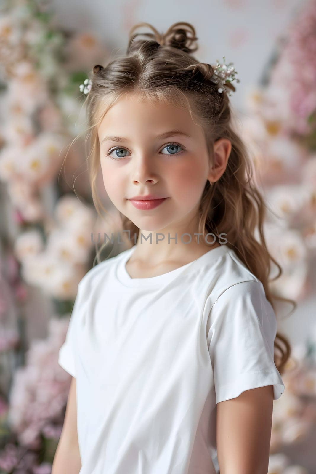 Girl's White Short Sleeve Round Neck T-Shirt Mockup It is a useful tool for clothing designers to help visualize T-shirts before actual production Save time and money and makes it easier to decide.