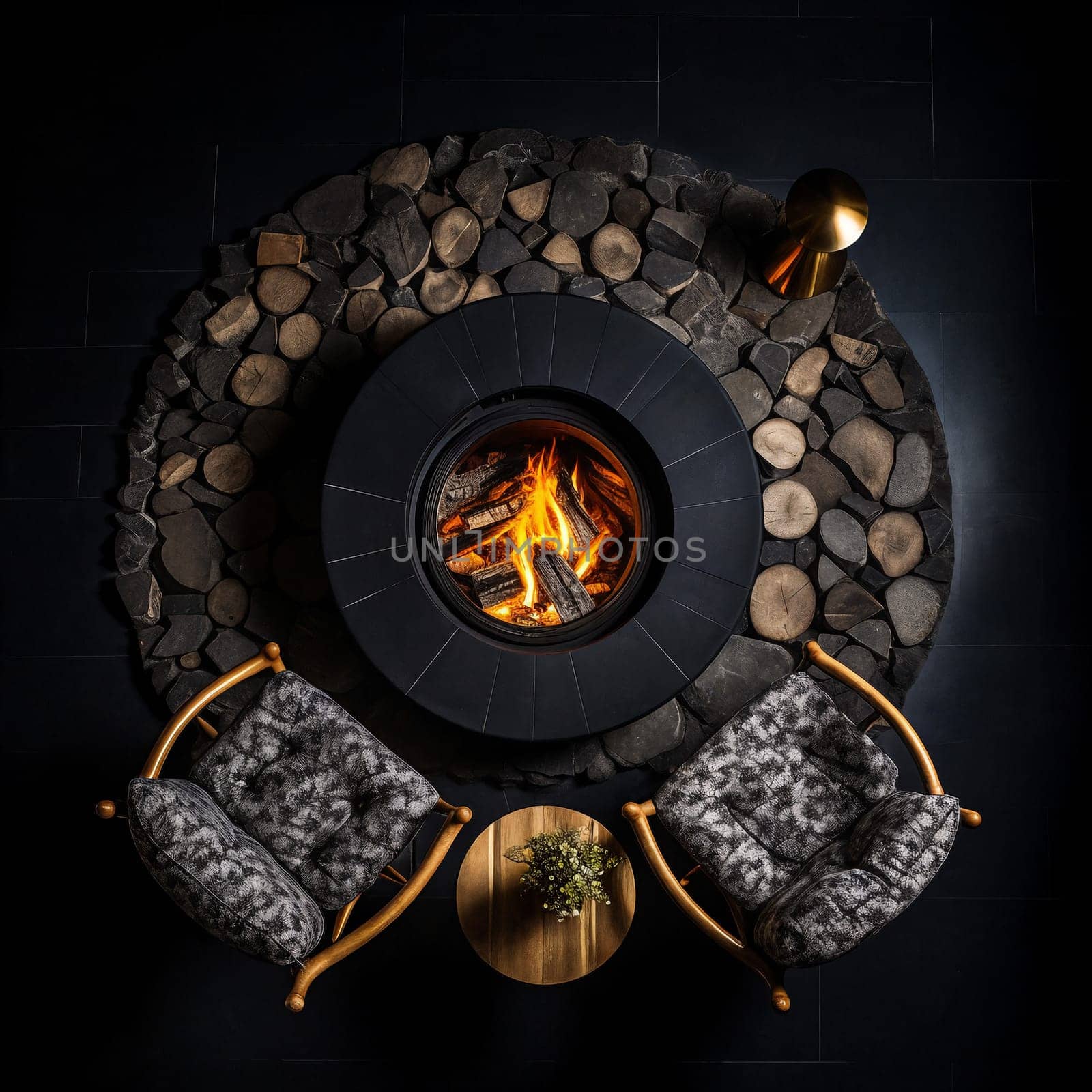 A cozy fireplace with two armchairs, view from above. Generative AI