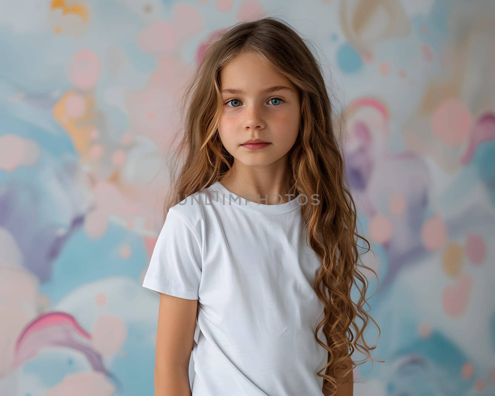 Girl's White Short Sleeve Round Neck T-Shirt Mockup It is a useful tool for clothing designers to help visualize T-shirts before actual production Save time and money and makes it easier to decide.