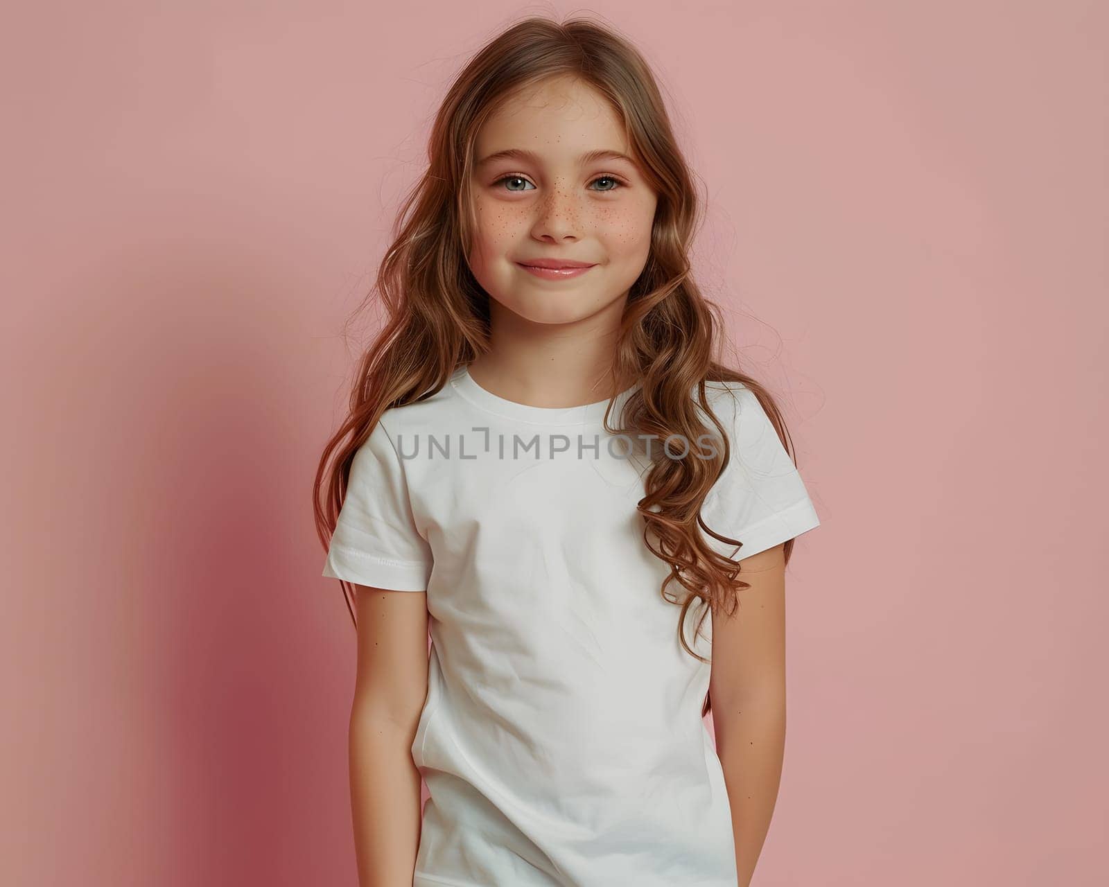 Girl's White Short Sleeve Round Neck T-Shirt Mockup It is a useful tool for clothing designers to help visualize T-shirts before actual production Save time and money and makes it easier to decide.