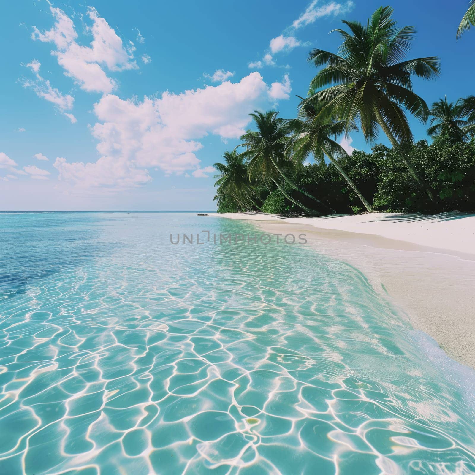 Tropical beach with clear turquoise water, white sand and palm trees under a blue sky. Place for an inscription