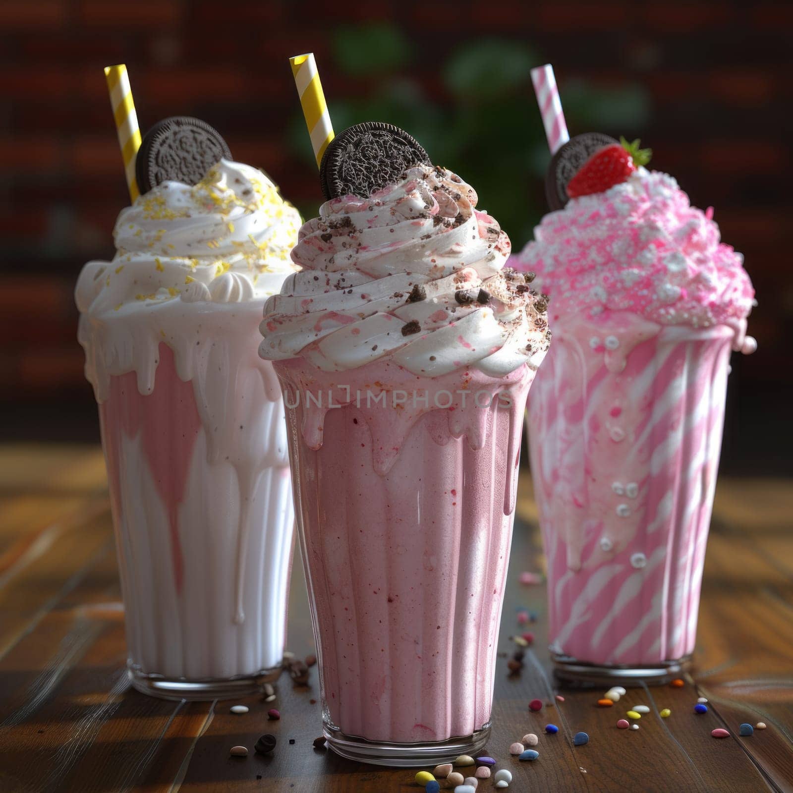 Three delicious bright milkshakes filled with cookies, strawberries, vanilla, on a dark background