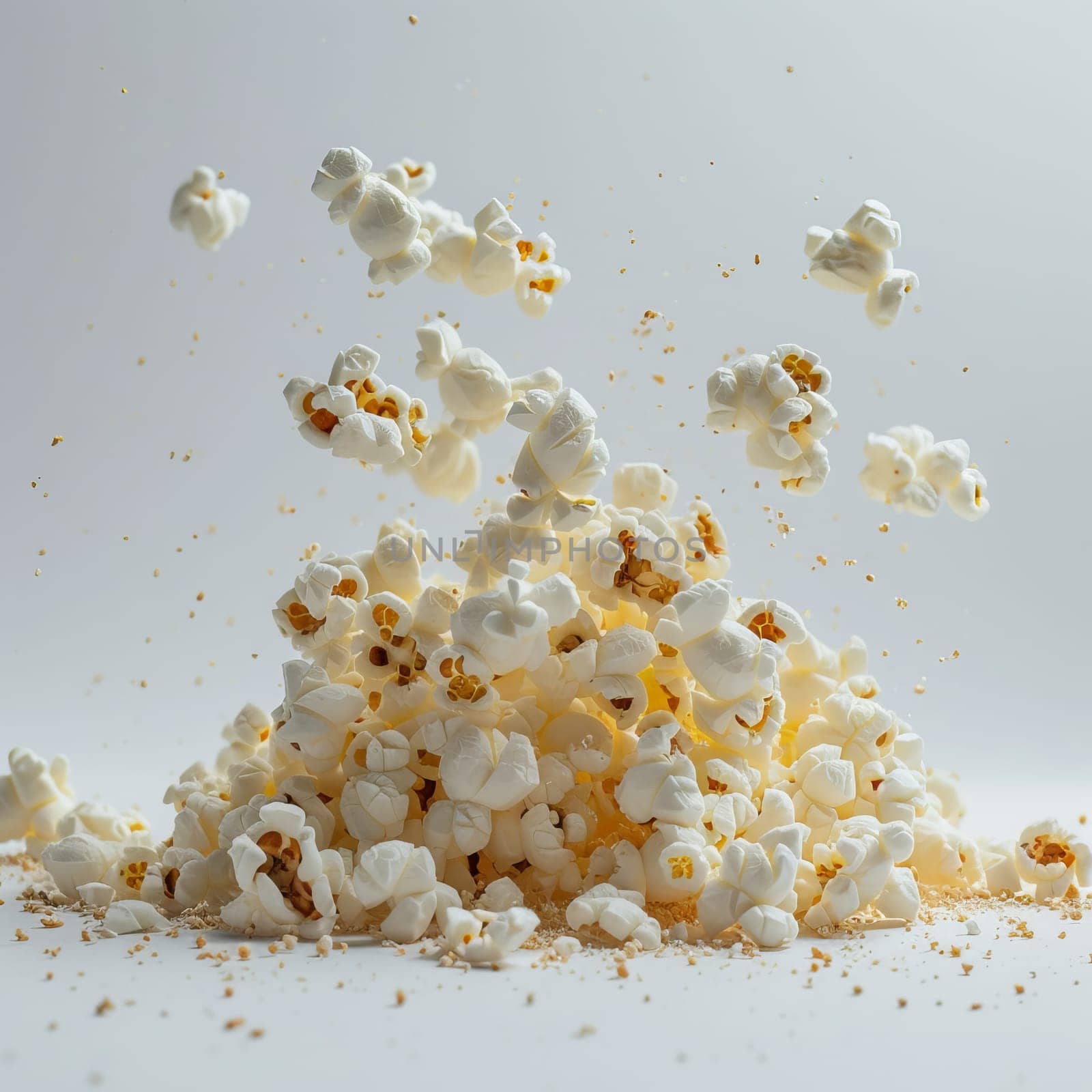 Evening of relaxation and cinema. Popped popcorn kernels exploding upwards, caught in the air, on a white background