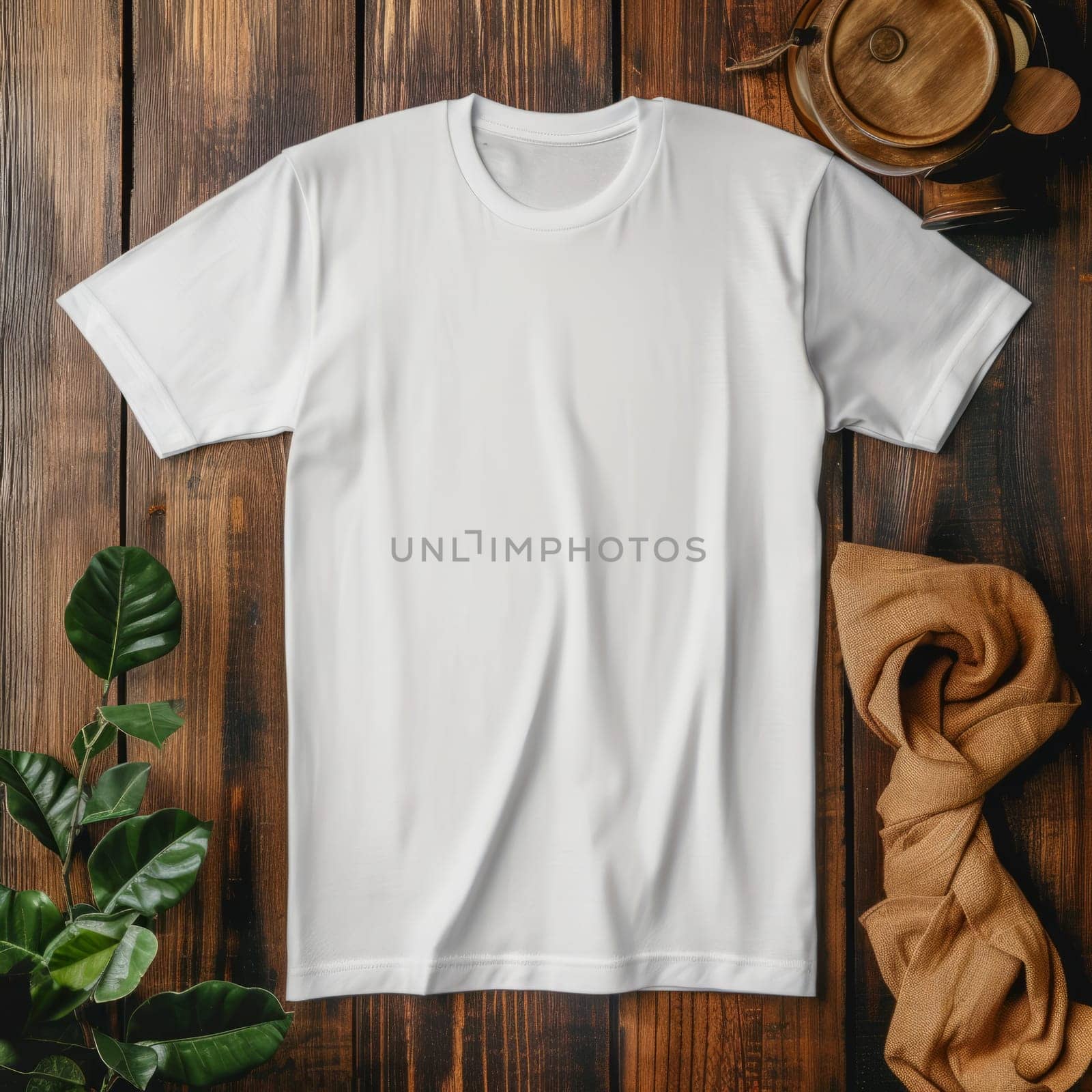 Blank white t-shirt on rustic wooden background with green leaves and brown fabric. Place for an inscription