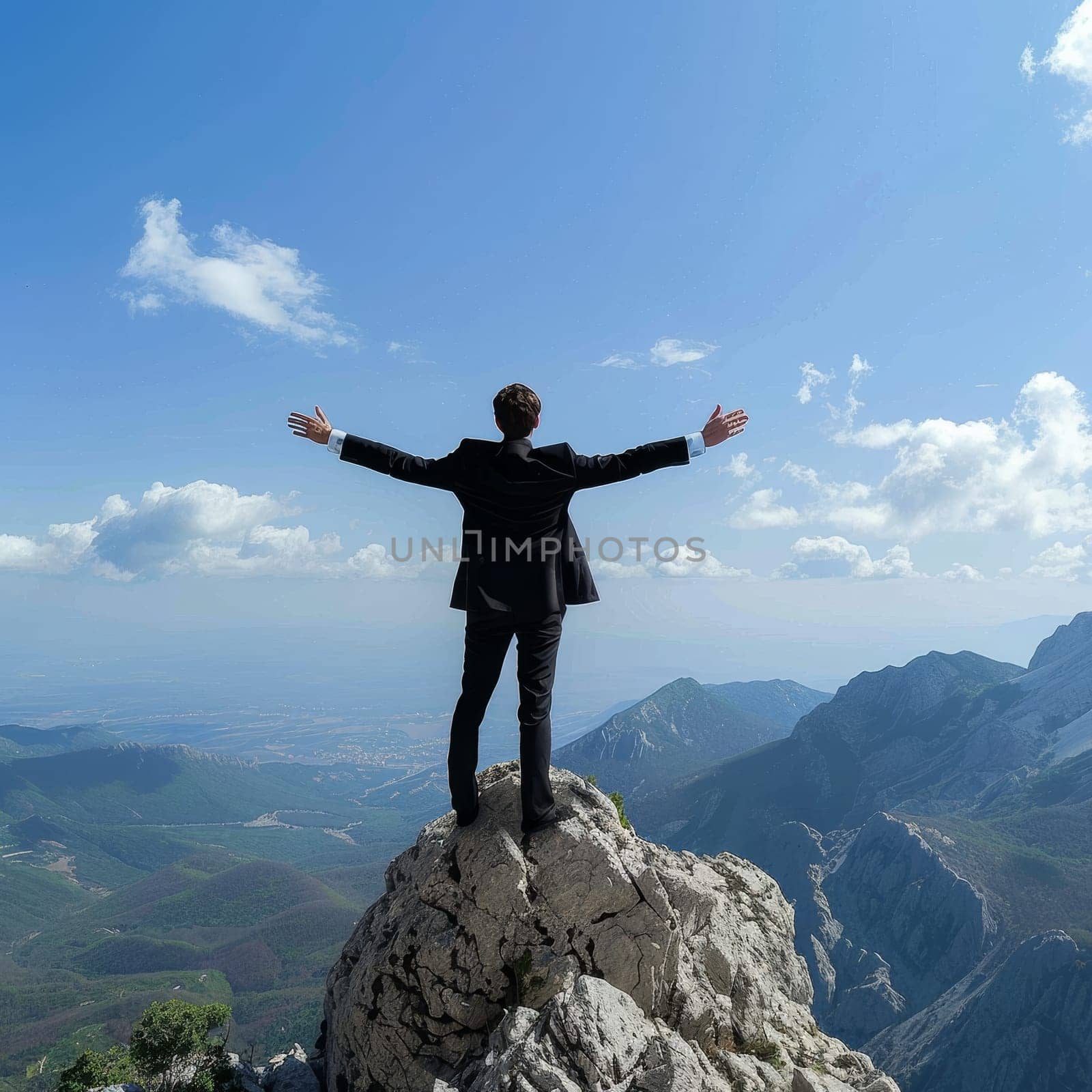 Businessman on top with arms raised. Concept for business strategy and strategic focus for business and work goals for a corporate mission or target