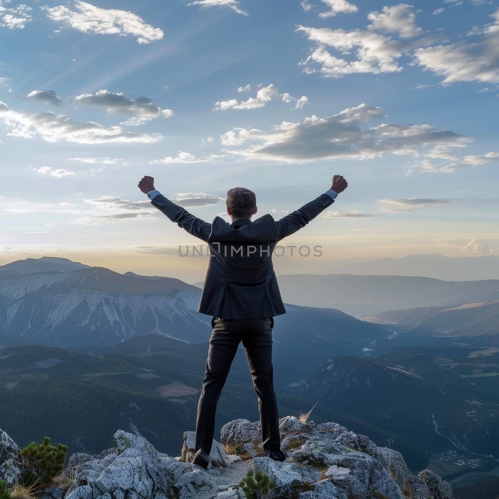 Businessman on top with arms raised. Concept for business strategy and strategic focus for business and work goals for a corporate mission or target