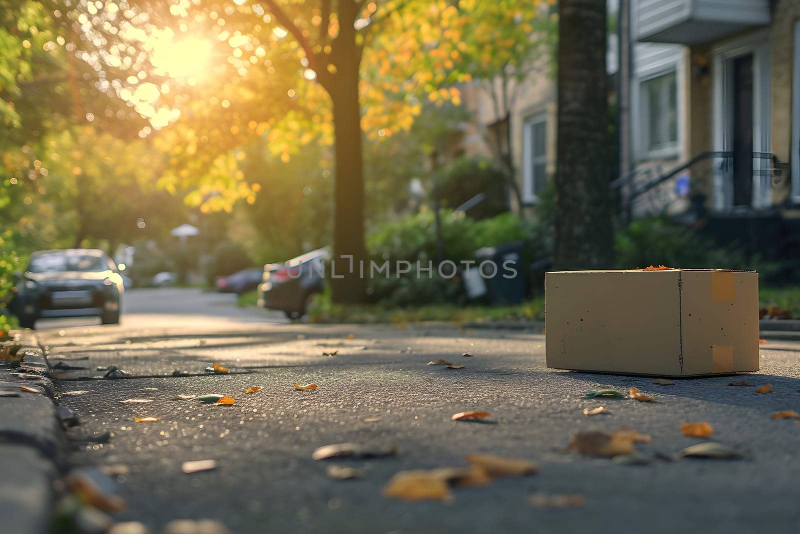 Cardboard box in front of residential home entrance at sunny day. Neural network generated image. Not based on any actual person or scene.