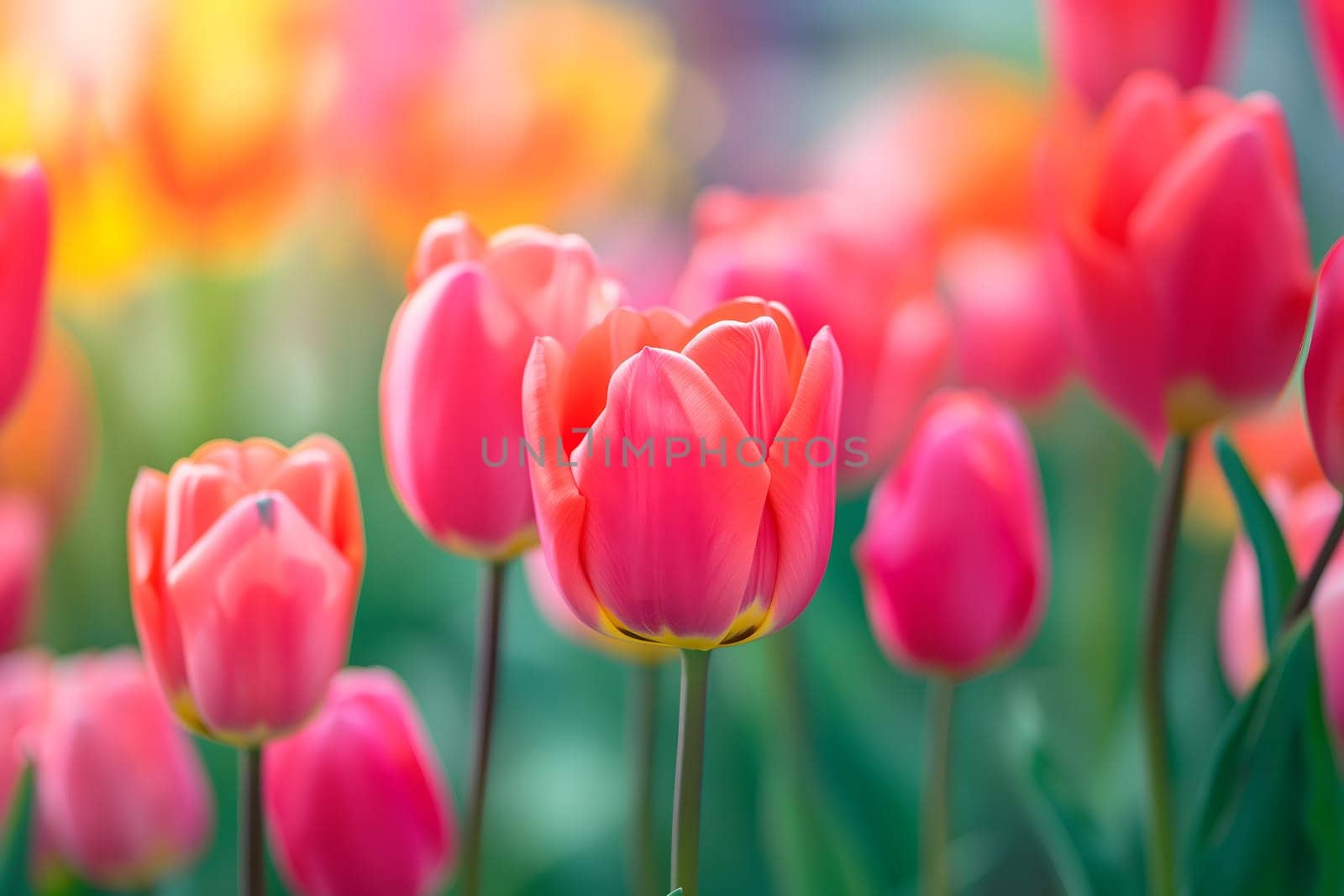 Beautiful Spring Nature background with tulip Flowers, selective focus. Vivid colors. Neural network generated in January 2024. Not based on any actual scene or pattern.