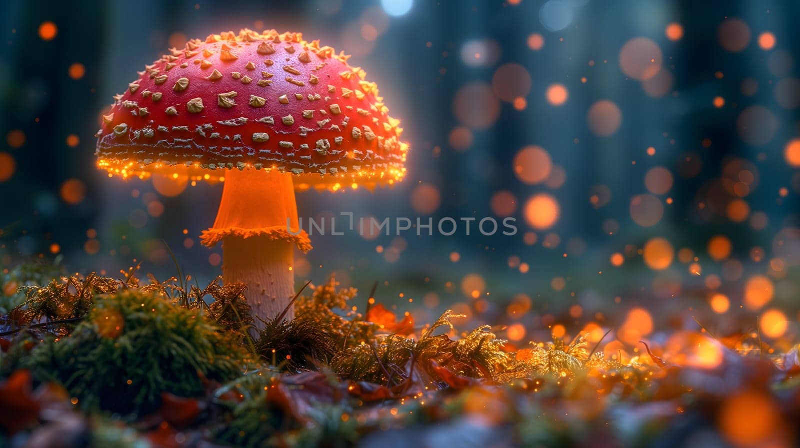Magical mushroom in fantasy enchanted fairy tale forest. Neural network generated in January 2024. Not based on any actual scene or pattern.