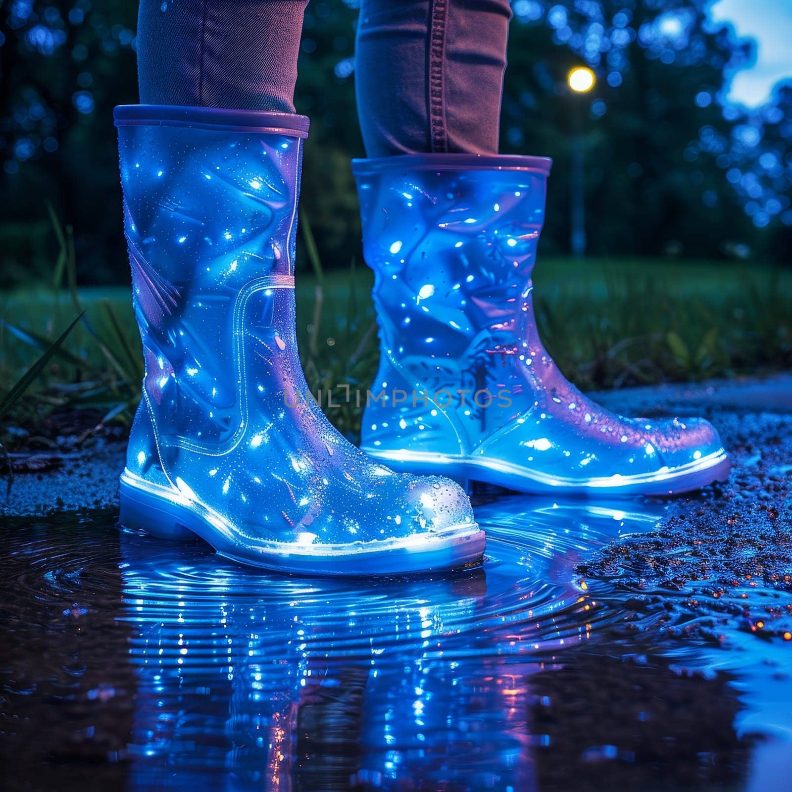 Starlit rain boots illuminate a nighttime scene, their sparkle mirroring the celestial sky above. They stand in a tranquil puddle, exuding enchantment and wonder