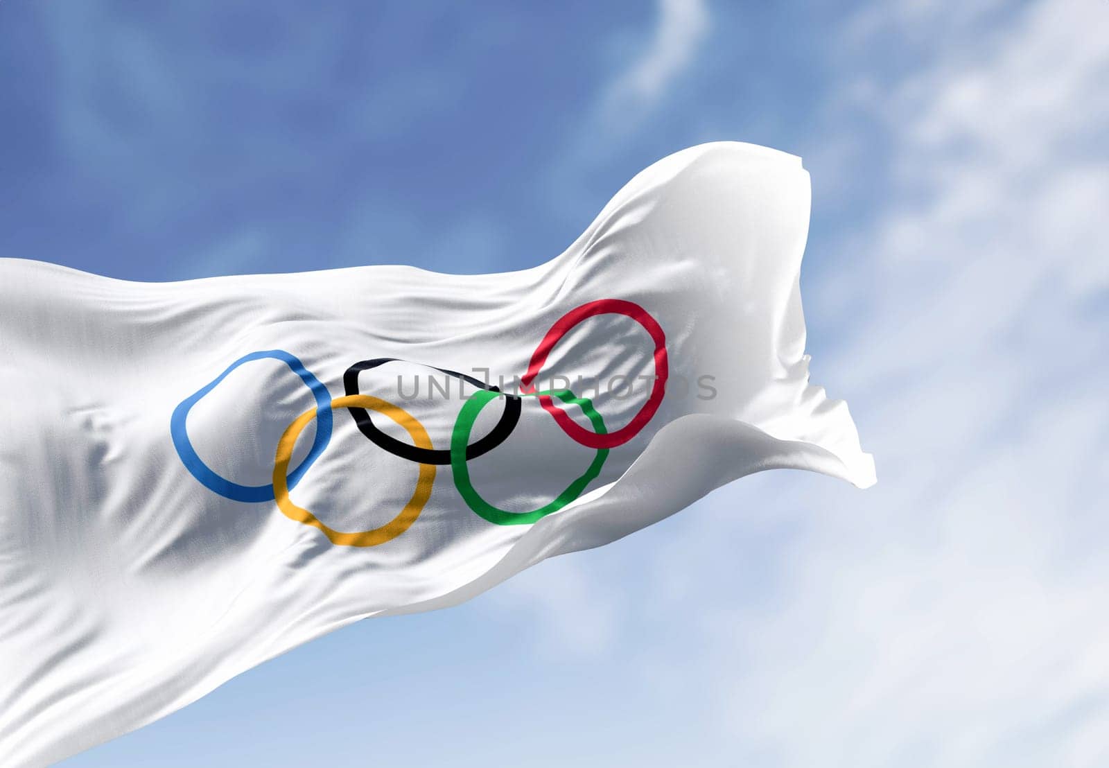 Paris, FR, Oct. 12 2023: Olympics Games flags waving in the wind on a clear day. International sporting event. Illustrative editorial 3d illustration render.