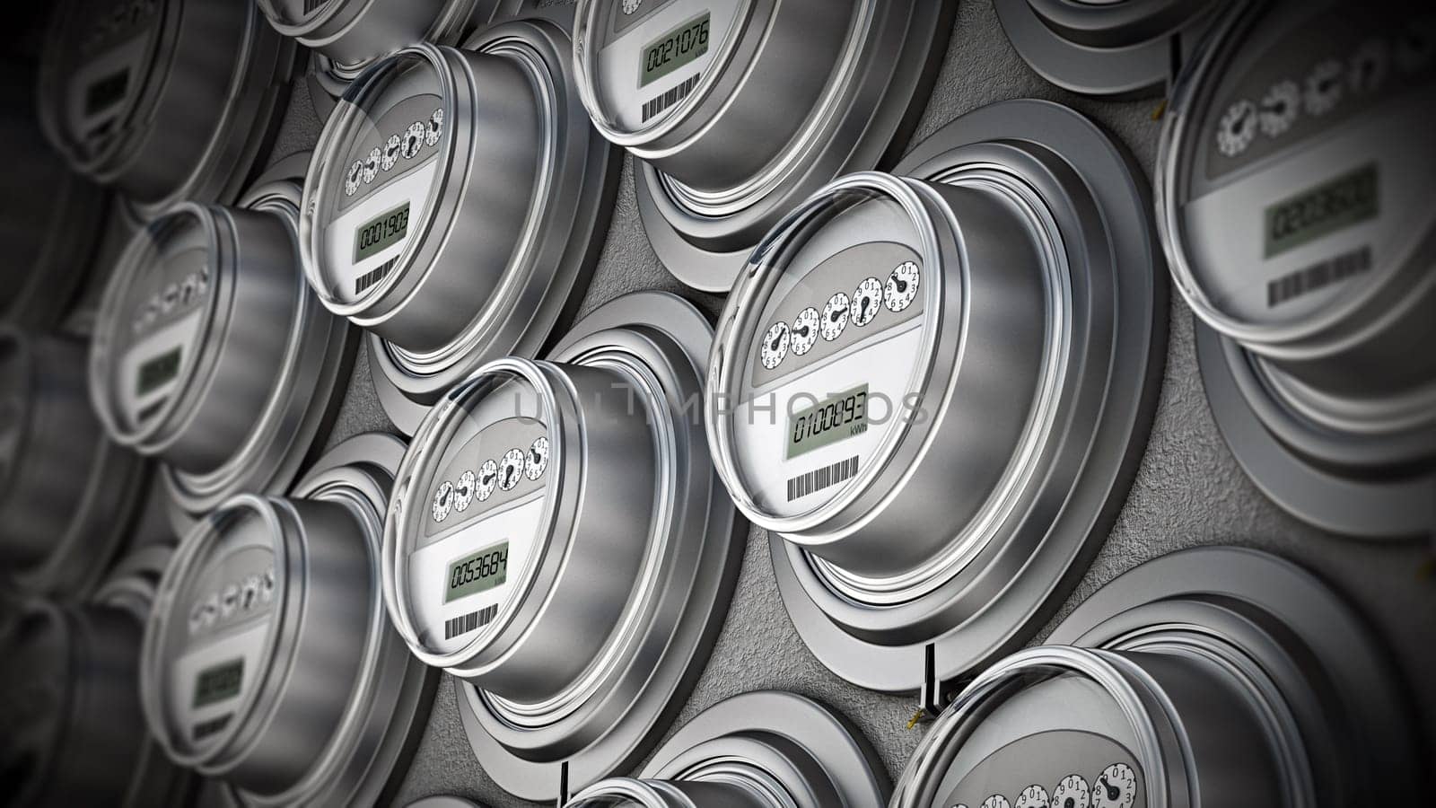 Energy efficient smart electric meters in a row. 3D illustration.