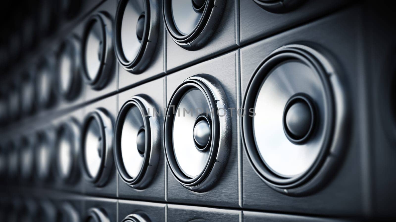 Group of black and silver loudspeaker. 3D illustration.