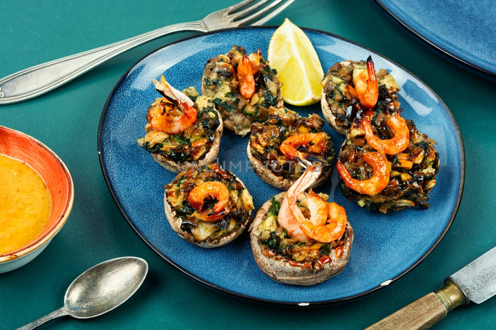 Champignon mushroom caps baked in the oven with prawns.