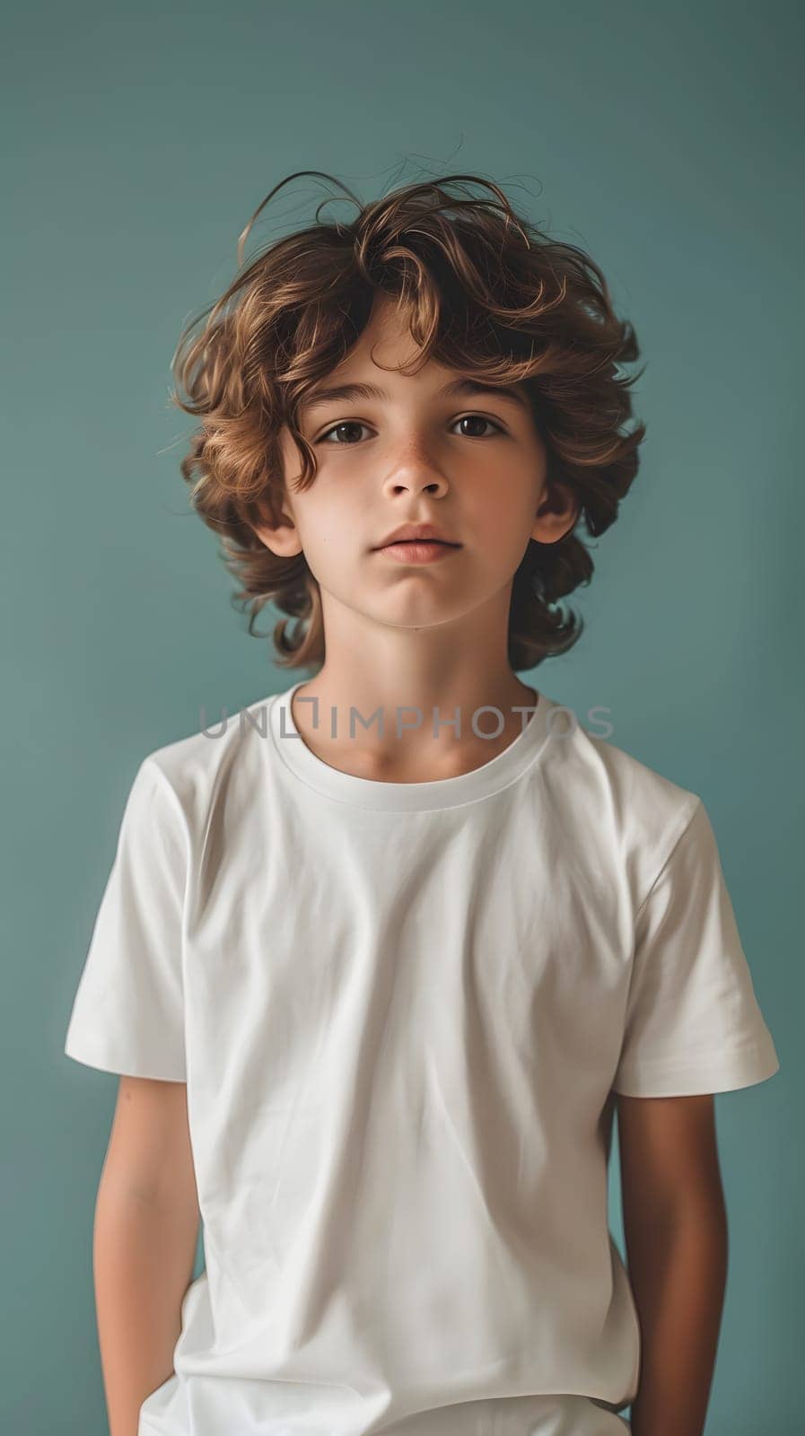 Boy's White Short Sleeve Round Neck T-Shirt Mockup It is a useful tool for clothing designers to help visualize T-shirts before actual production Save time and money and makes it easier to decide.