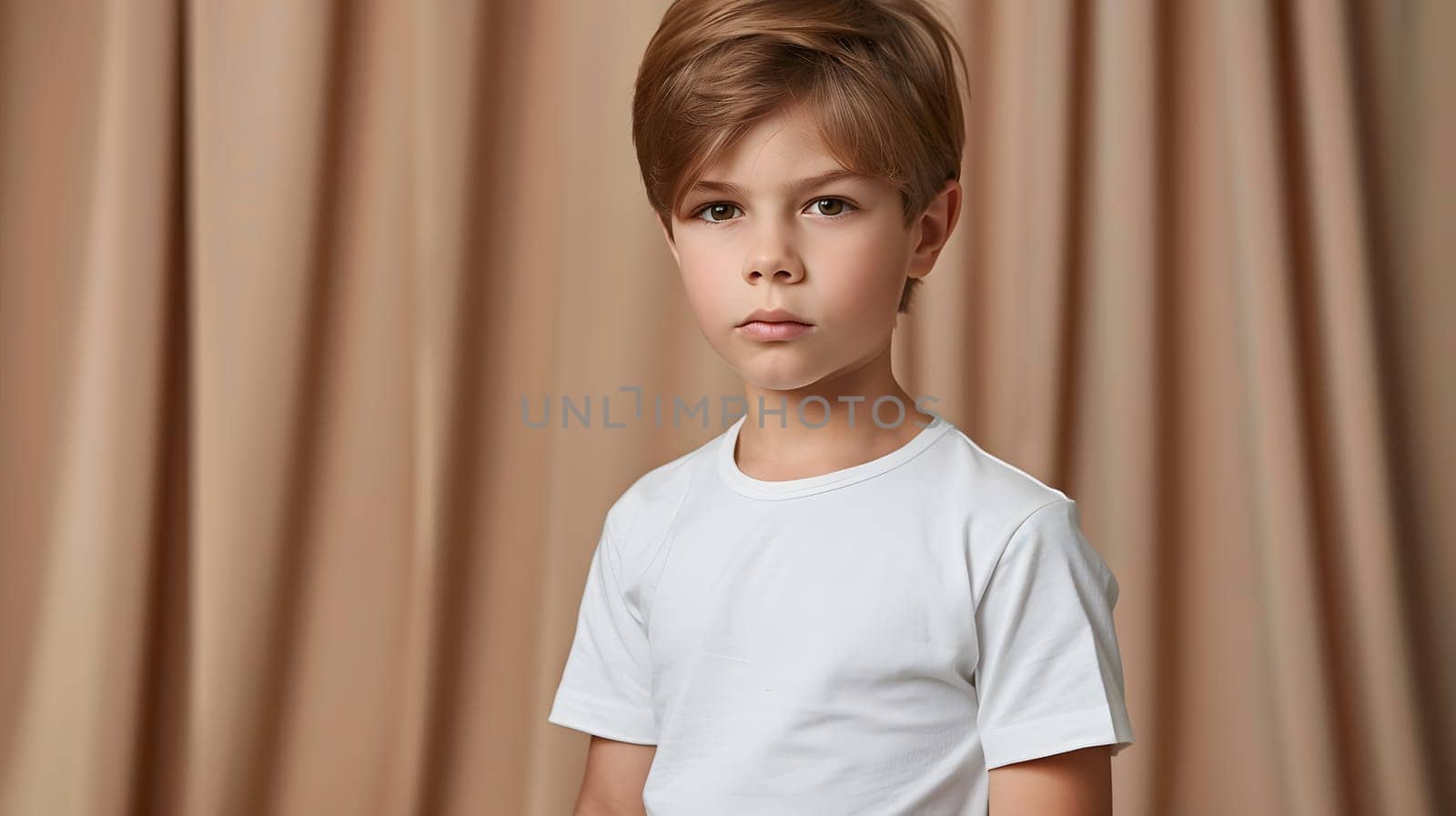 Boy's White Short Sleeve Round Neck T-Shirt Mockup It is a useful tool for clothing designers to help visualize T-shirts before actual production Save time and money and makes it easier to decide.