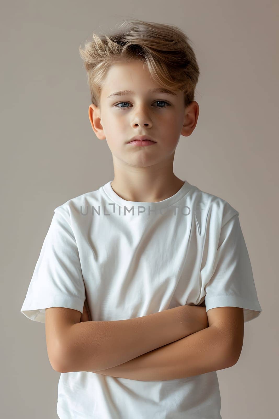 Boy's White Short Sleeve Round Neck T-Shirt Mockup It is a useful tool for clothing designers to help visualize T-shirts before actual production Save time and money and makes it easier to decide.