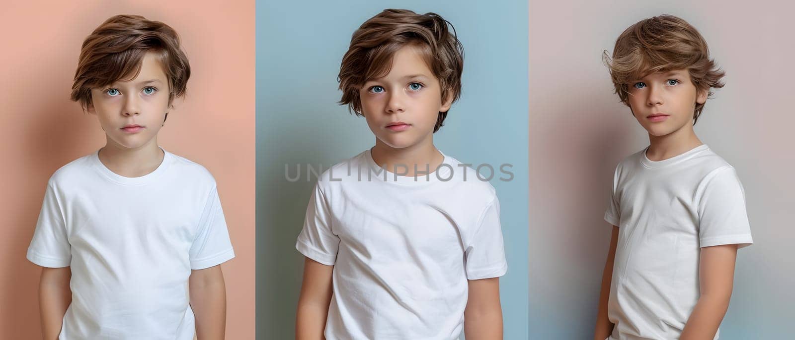 Boy's White Short Sleeve Round Neck T-Shirt Mockup It is a useful tool for clothing designers to help visualize T-shirts before actual production Save time and money and makes it easier to decide.