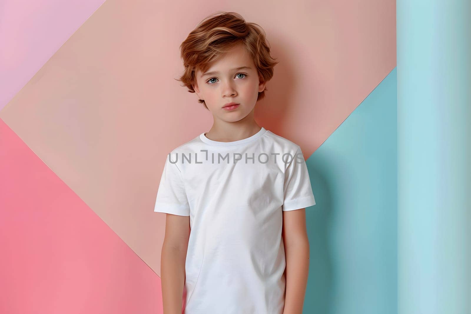 Boy's White Short Sleeve Round Neck T-Shirt Mockup It is a useful tool for clothing designers to help visualize T-shirts before actual production Save time and money and makes it easier to decide.