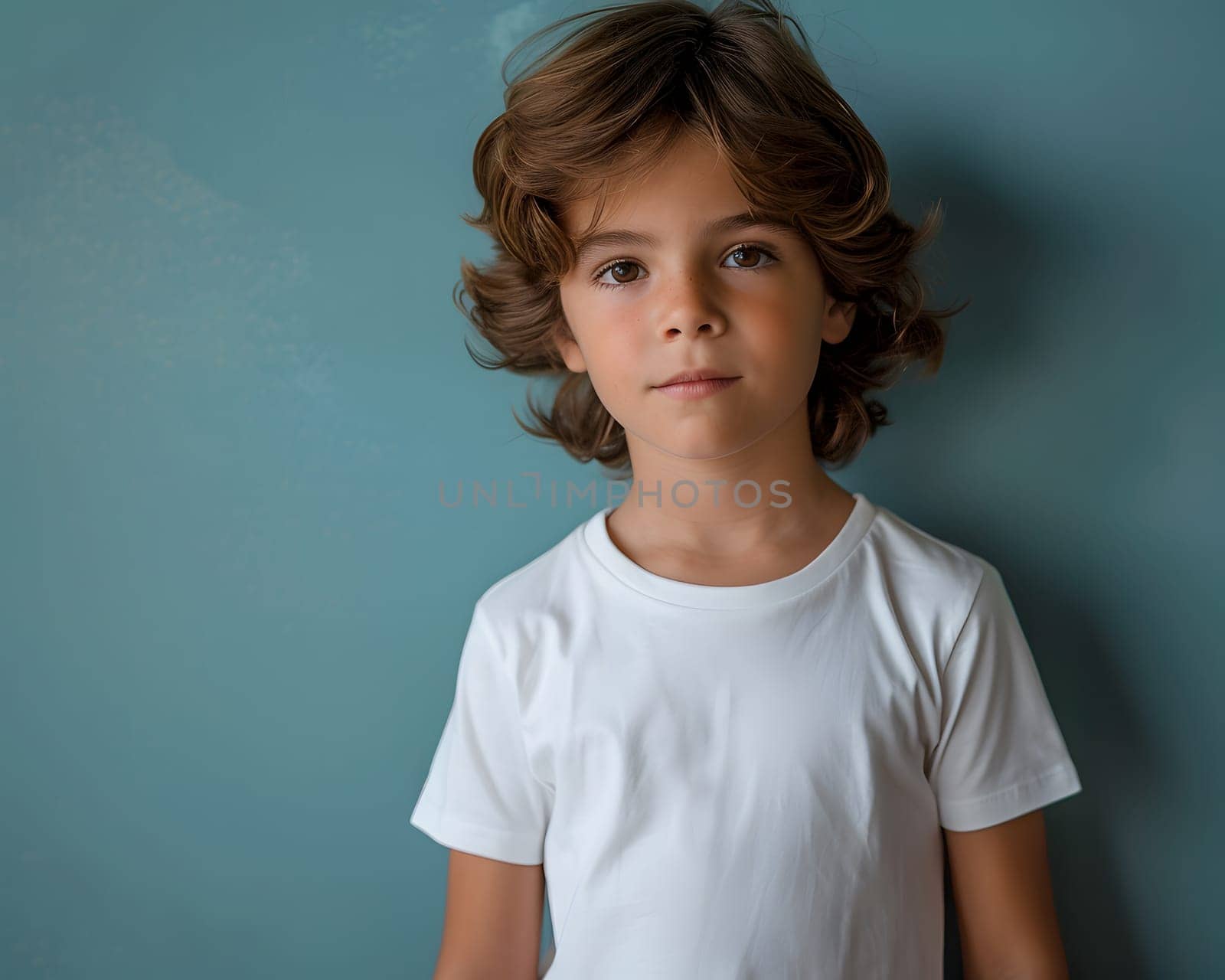 Boy's White Short Sleeve Round Neck T-Shirt Mockup It is a useful tool for clothing designers to help visualize T-shirts before actual production Save time and money and makes it easier to decide.