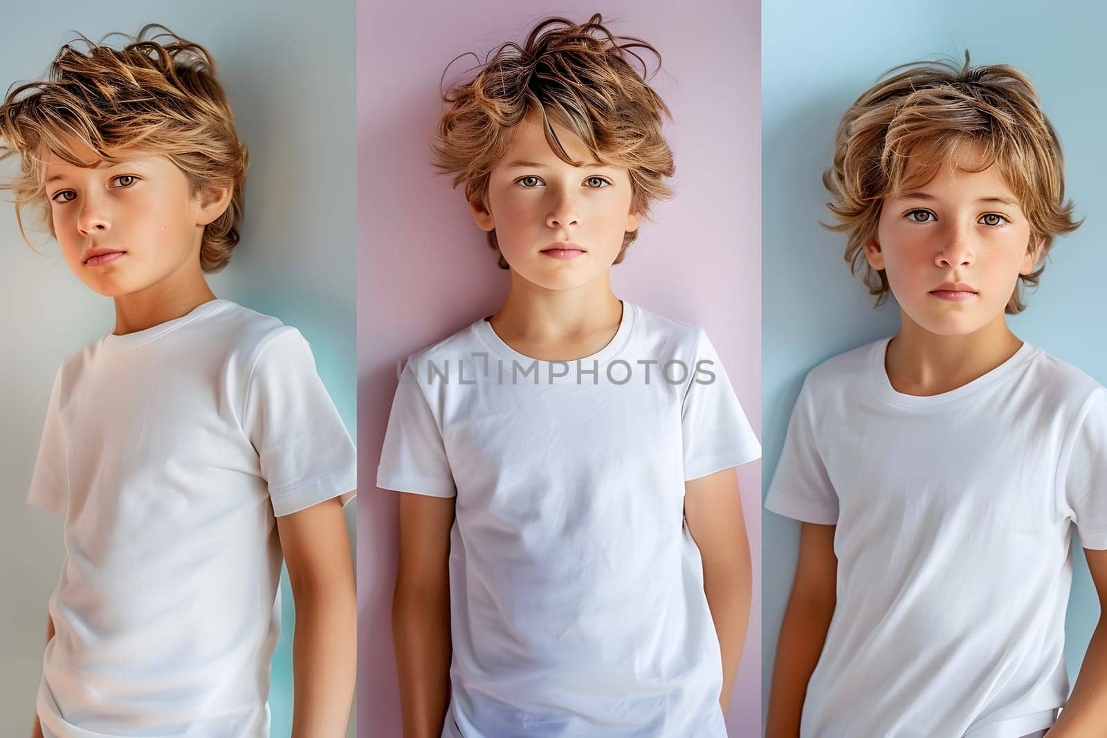 Boy's White Short Sleeve Round Neck T-Shirt Mockup It is a useful tool for clothing designers to help visualize T-shirts before actual production Save time and money and makes it easier to decide.