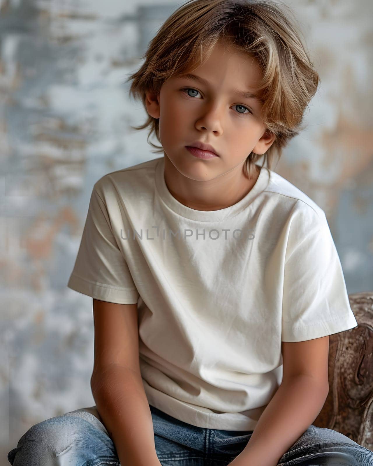 Boy's White Short Sleeve Round Neck T-Shirt Mockup It is a useful tool for clothing designers to help visualize T-shirts before actual production Save time and money and makes it easier to decide.