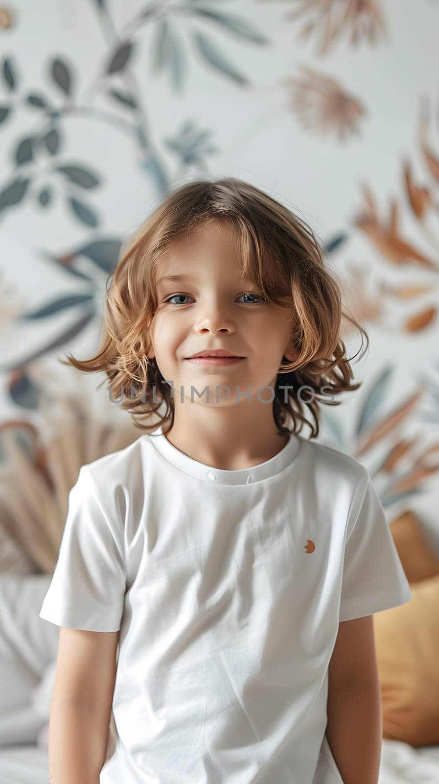 Boy's White Short Sleeve Round Neck T-Shirt Mockup It is a useful tool for clothing designers to help visualize T-shirts before actual production Save time and money and makes it easier to decide.
