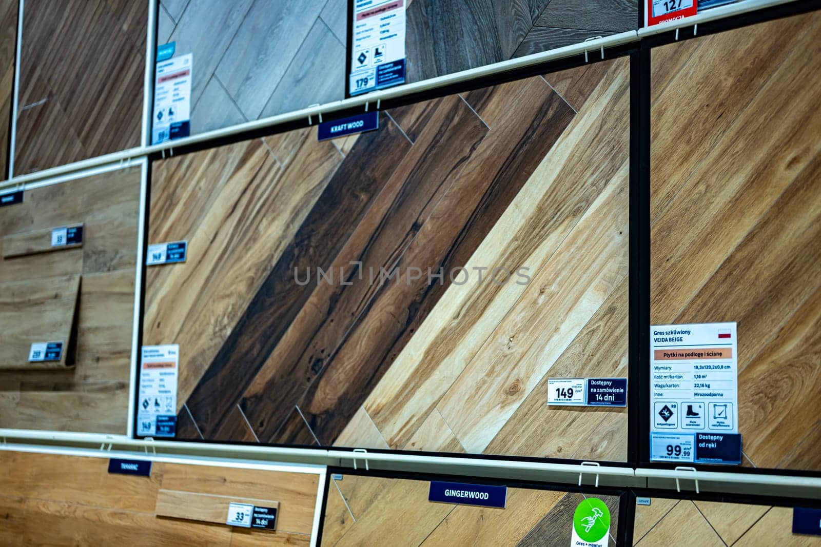POZNAN, POL - JAN 12, 2024: Floor panels put up for sale in a home improvement store