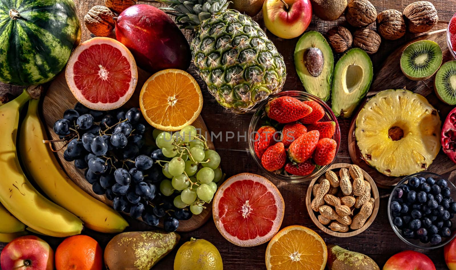 Food products representing the fruitarian diet. Fruitarianism
