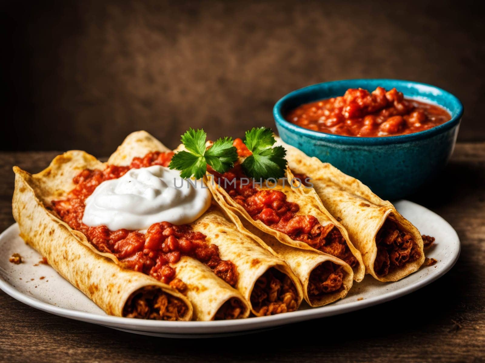 Mexican enchiladas with chicken, vegetables, corn, beans, tomato sauce and cheese. Served in baking tray. Mexican food. Latin American cuisine. Black background, top view, copy space