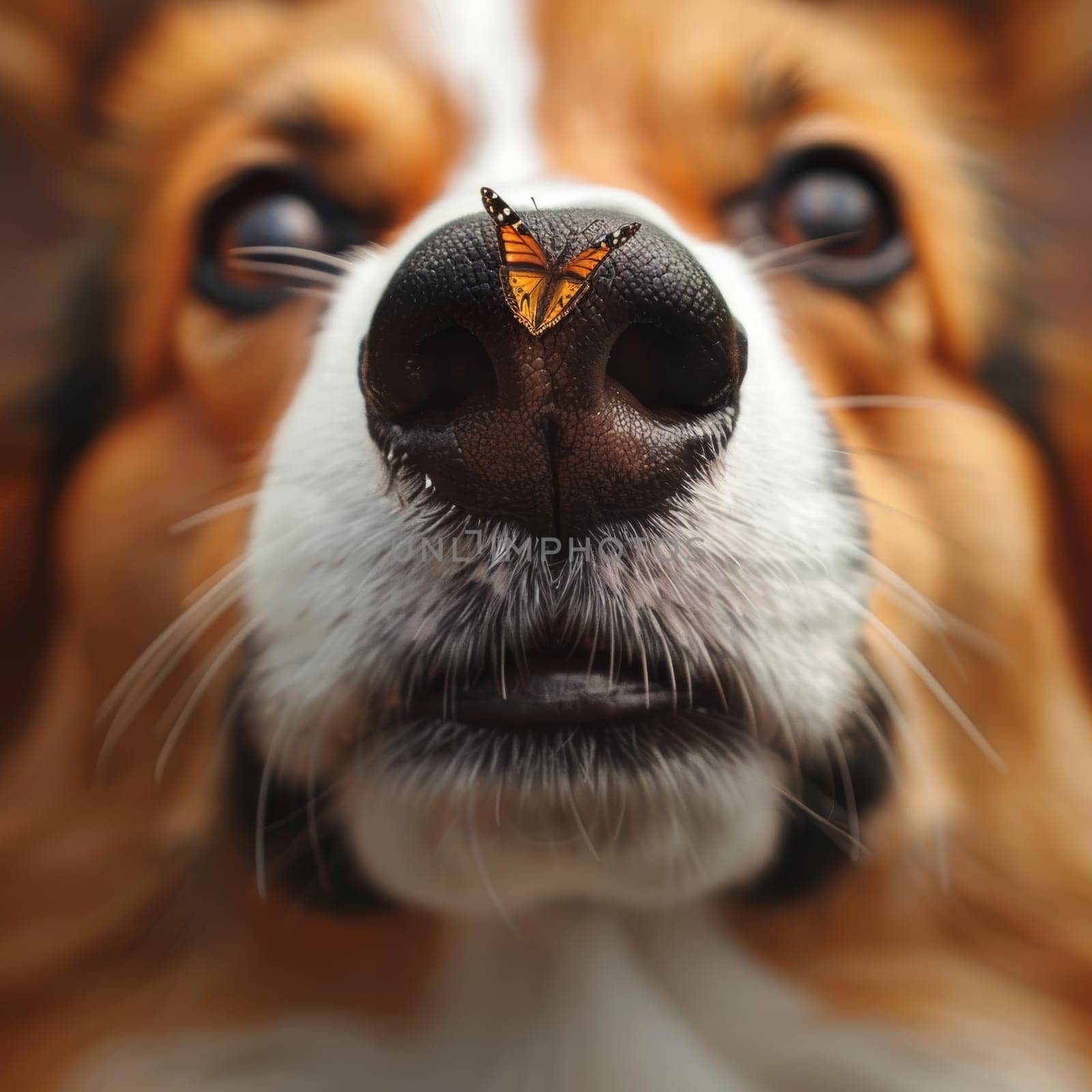 A butterfly with wings like stained glass perches on a corgi dog's nose, a soft blur of fur and eyes in the background. This moment captures a poetic and delicate interaction.