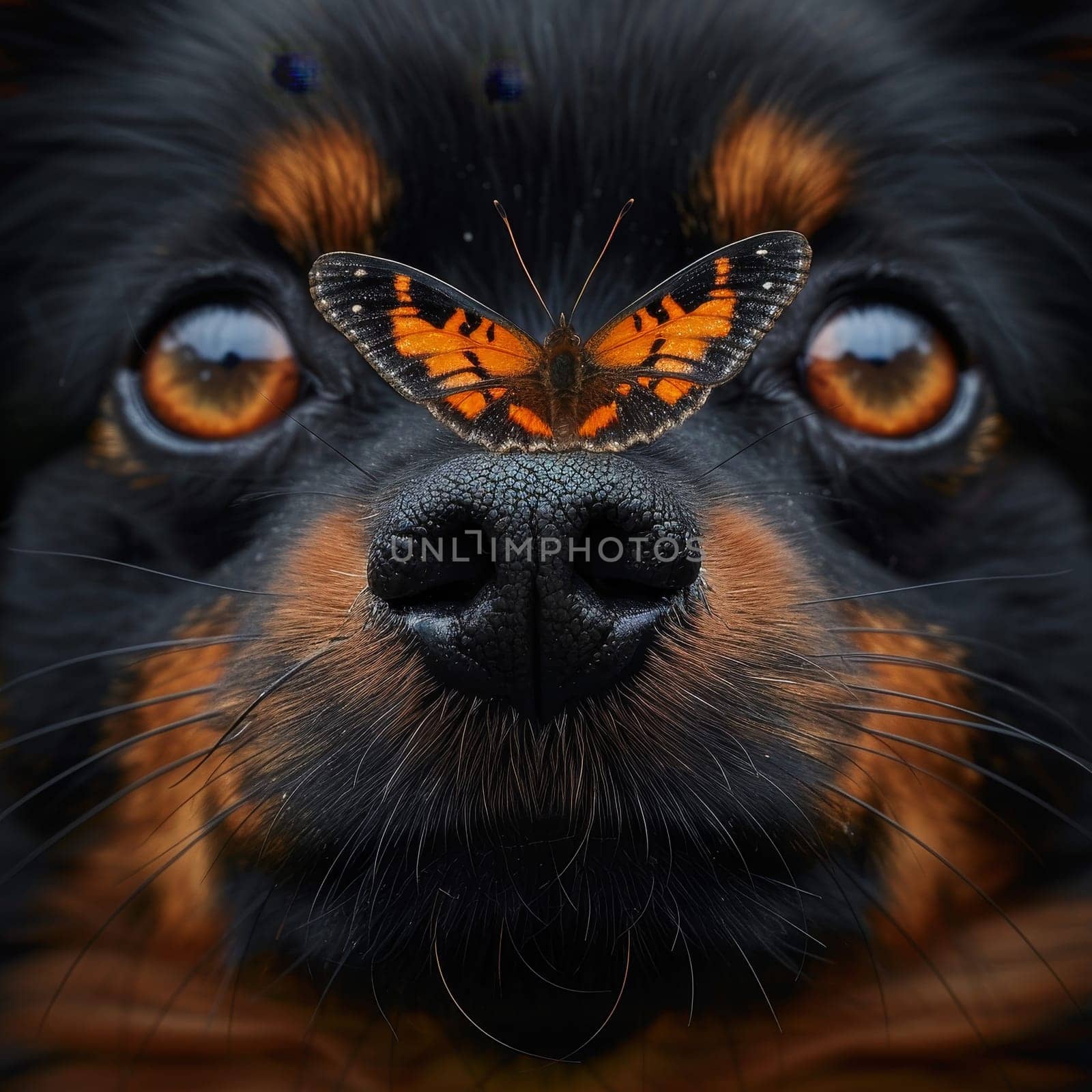 A close-up of a dog's face as a butterfly rests on its nose, capturing a moment of tranquil coexistence. The animal's gaze is diverted, allowing the delicate insect to perch peacefully.