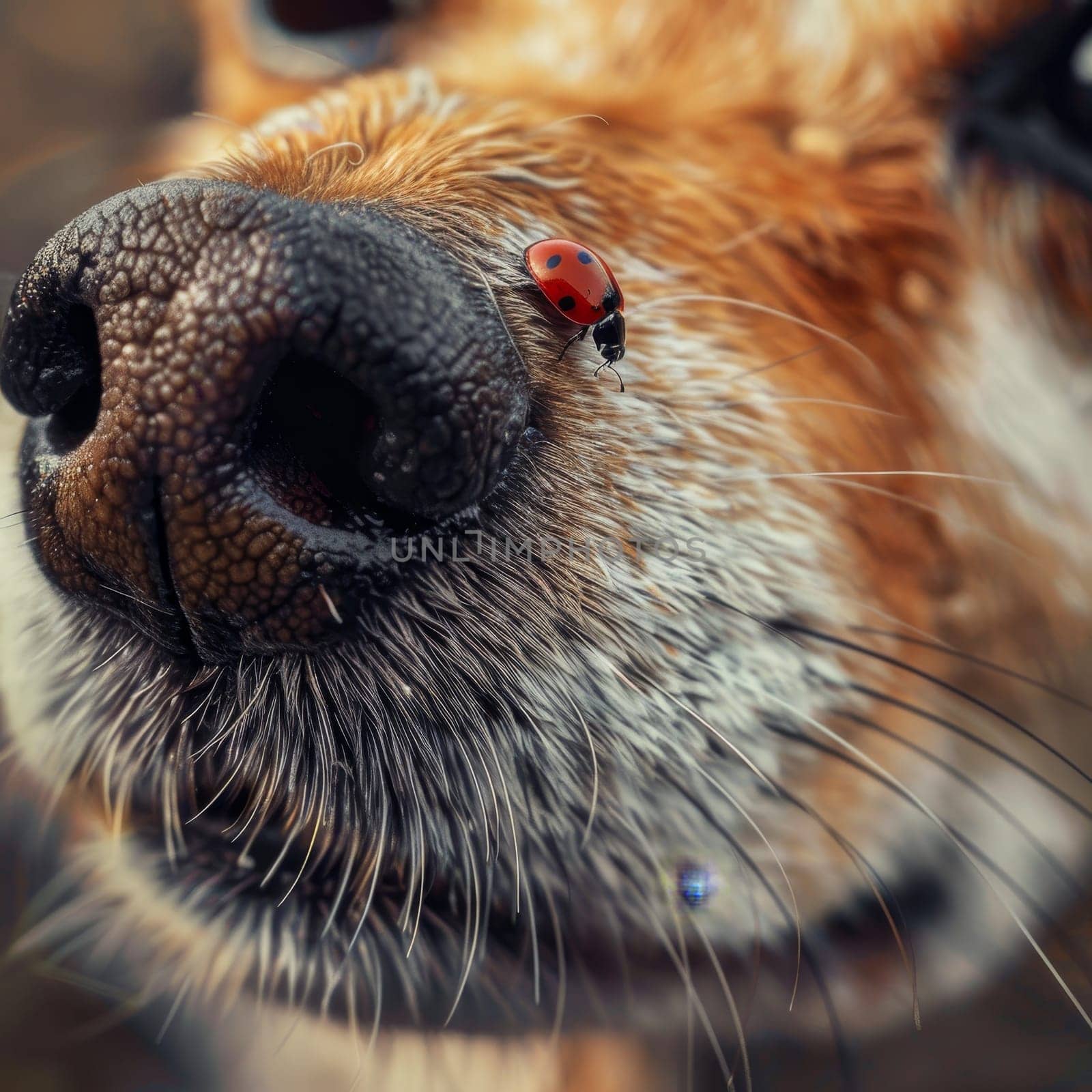 On the journey of its glossy back, a ladybug explores the vast landscape of a dog's snout, a world of textures and shades. The tiny traveler adds a pop of color to the canine's muted tones.