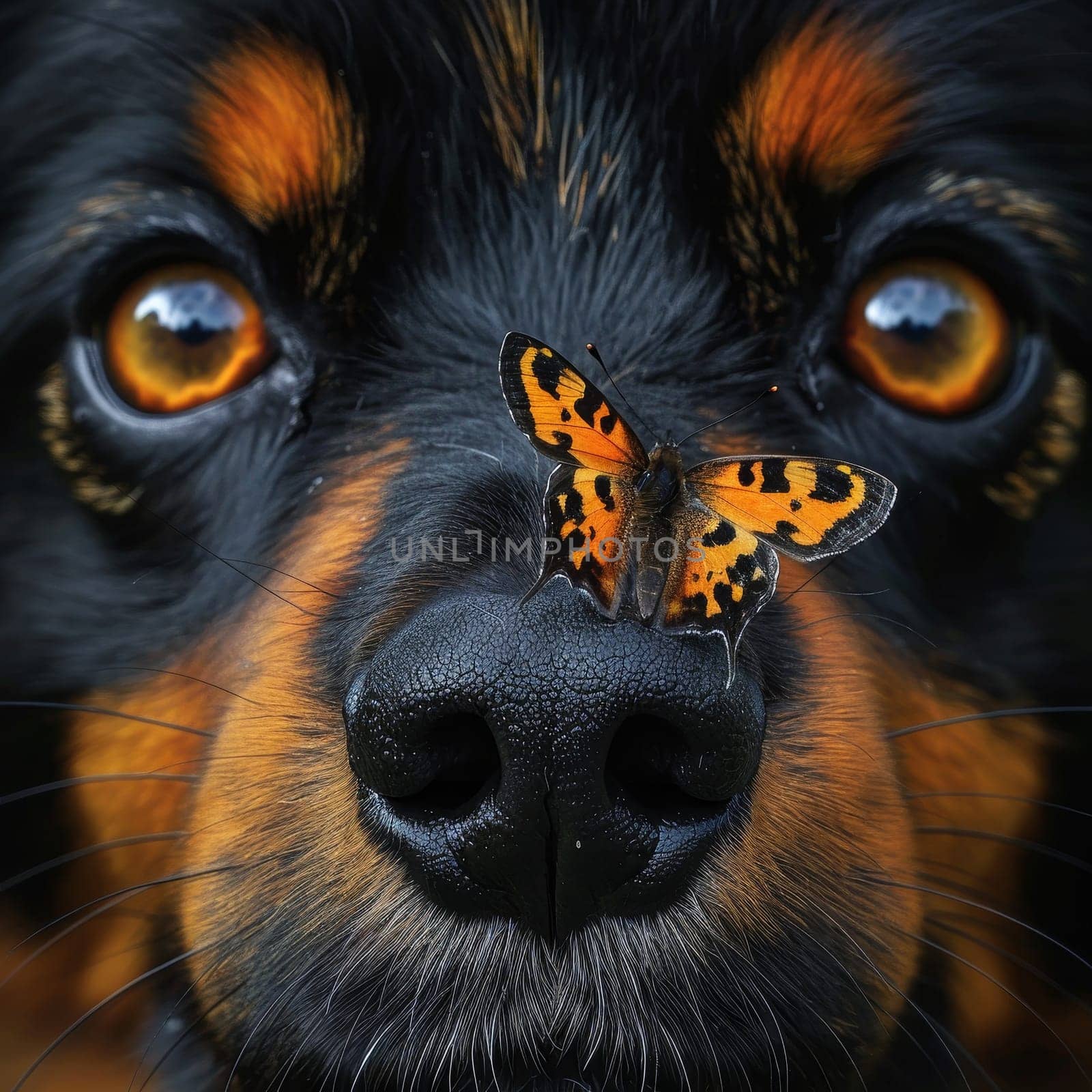 A butterfly rests on the snout of a watchful dog, their eyes reflecting an understanding beyond words. The contrast of wild wing patterns and domestic calm tells a deeper story.