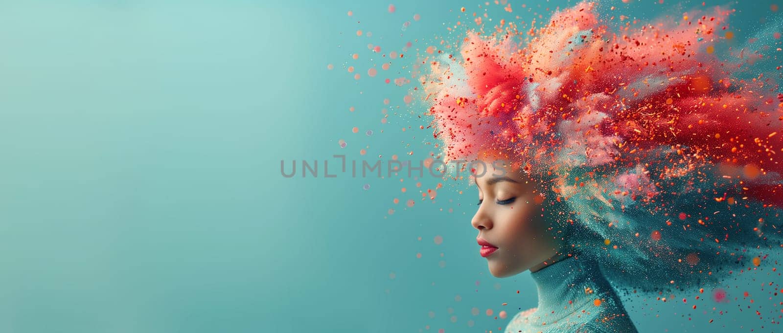 Woman colorful splashes, creativity explosion, positive thinking, self identidy and wave of imagination, consciousness of mind