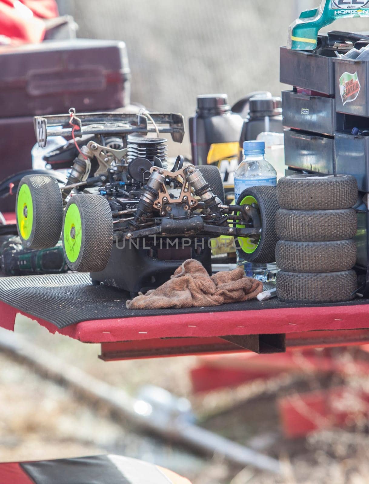 Merida, Spain - Jan 28th, 2024: Extremadura 1/8tt gas Championship RC Car. Paddock area