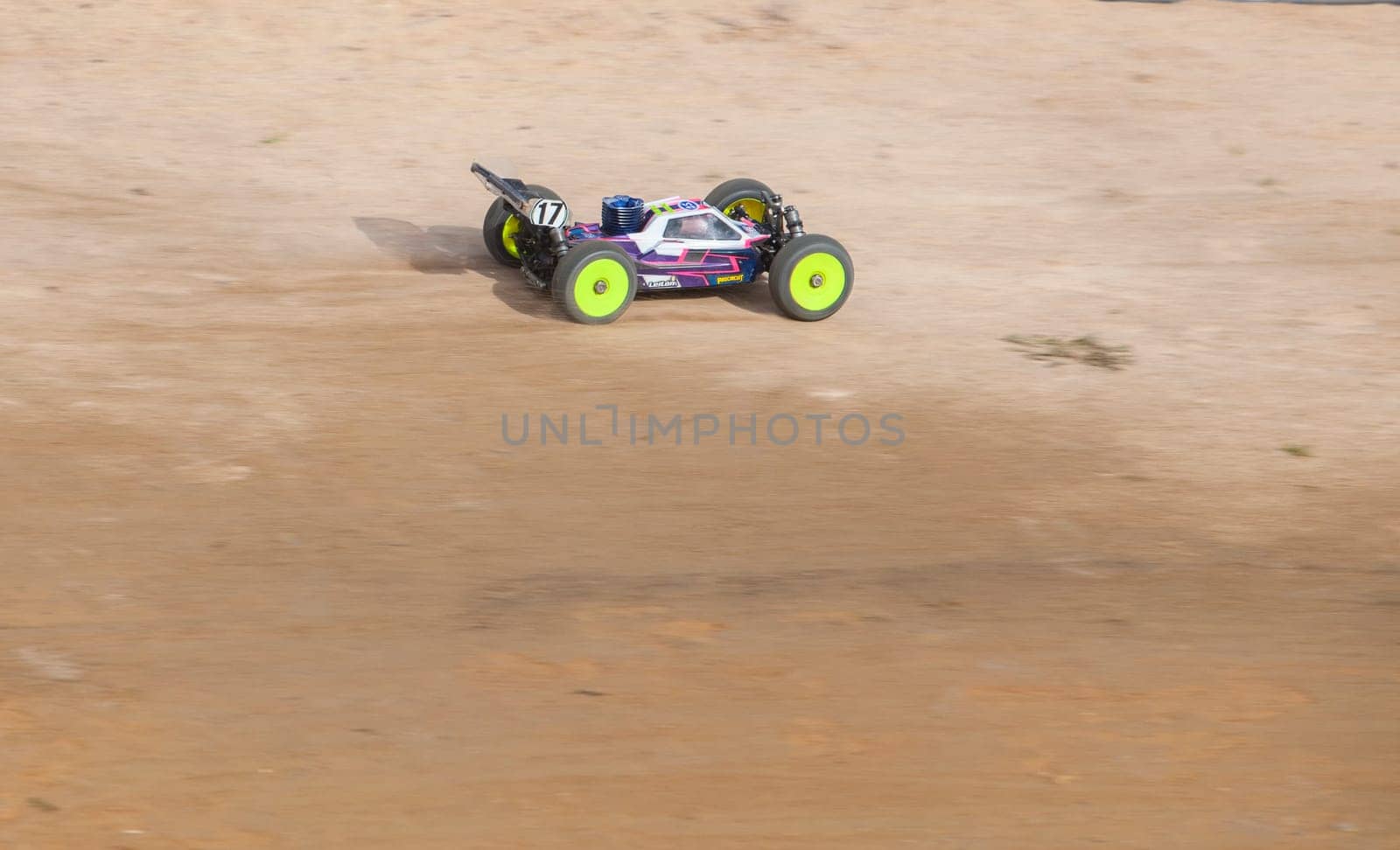 Merida, Spain - Jan 28th, 2024: Extremadura 1/8tt gas Championship RC Car. Car accelerating on a straight