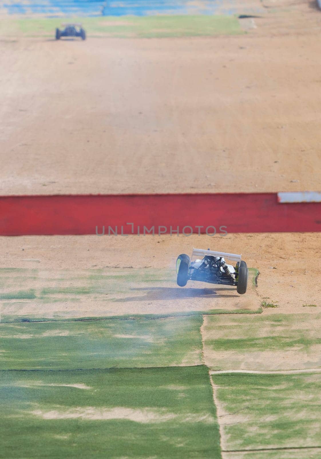 Merida, Spain - Jan 28th, 2024: Extremadura 1/8tt gas Championship RC Car. Cars crossing the finish line