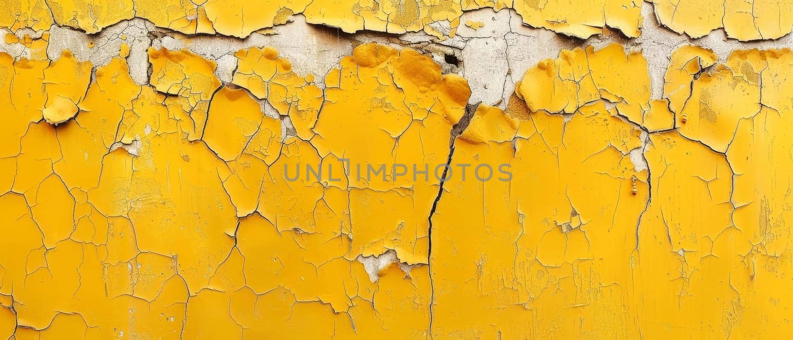A yellow surface is mapped with a complex network of cracks, providing a rich tapestry of texture. The detail in the cracks reveals a story of natural wear
