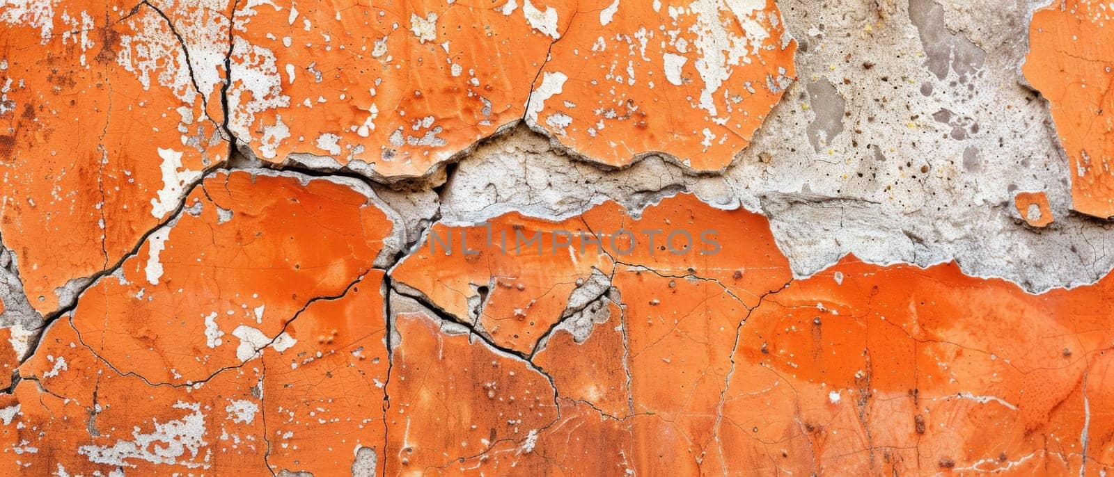This wide shot captures the widespread decay of orange peel paint, creating an unintended mural of time's relentless effect on man-made structures