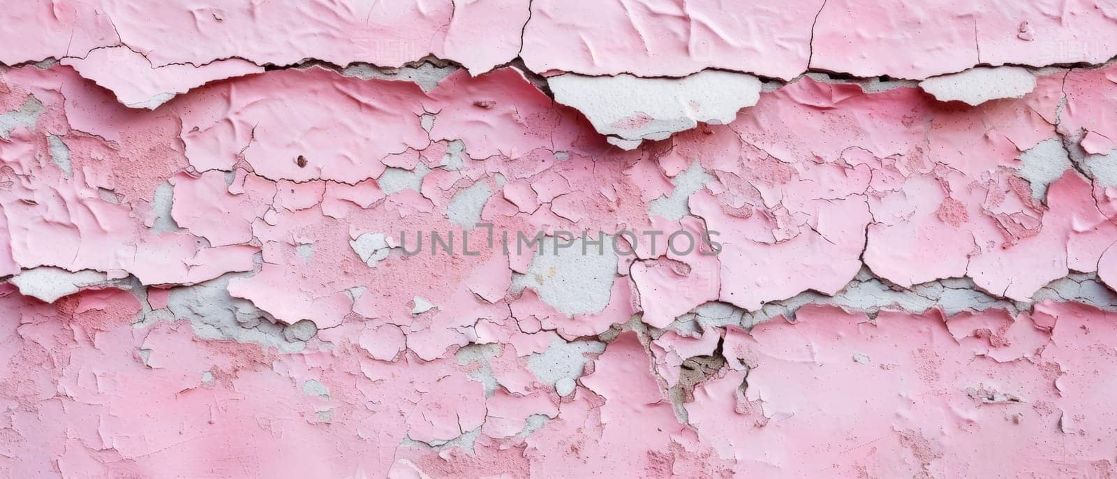 The expansive view of a pink painted wall suffering from erosion, with the paint peeling away in large swaths, creating a textured panorama of decay