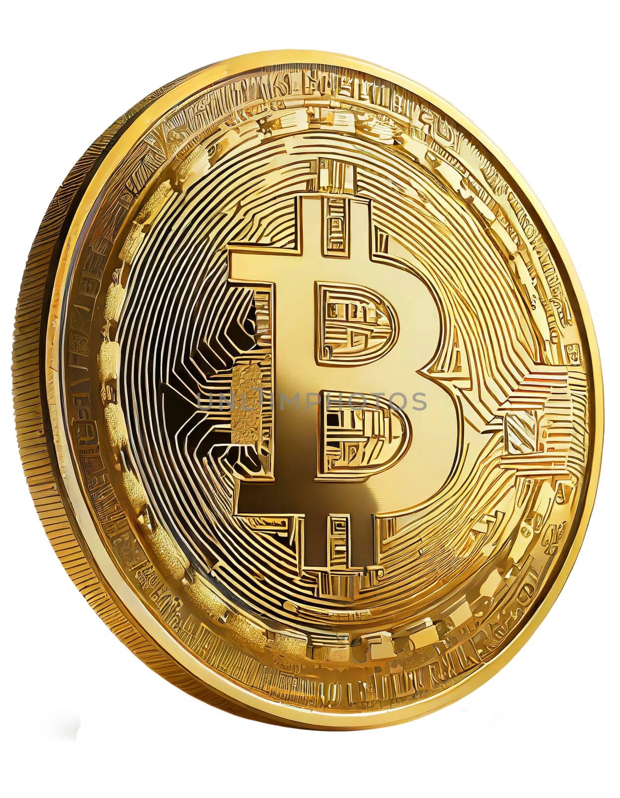 Golden bitcoin isolated on white background. Cryptocurrency. 3D rendering. AI generated