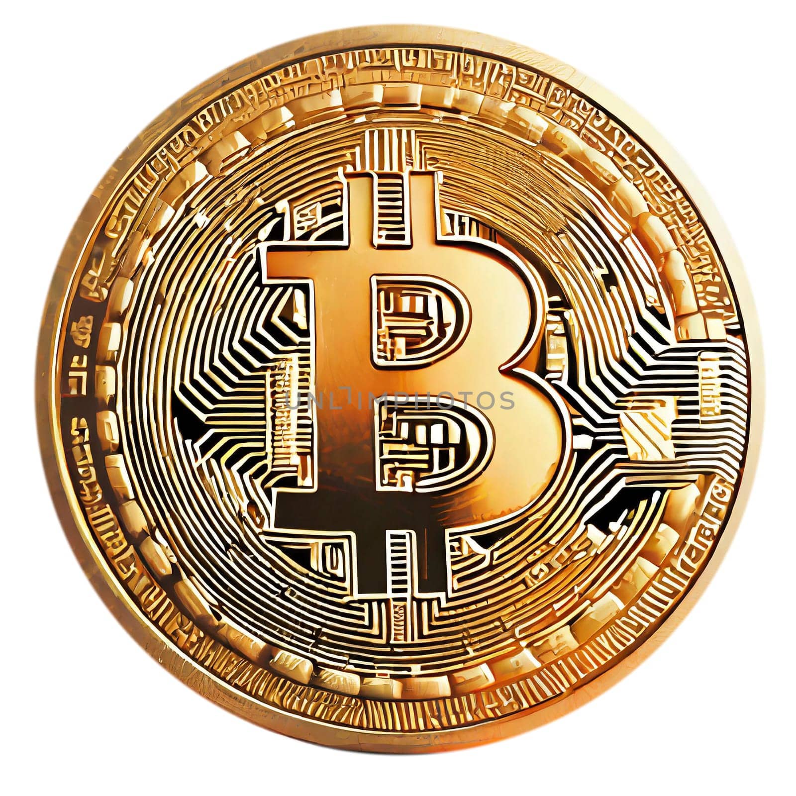 Golden bitcoin isolated on white background. Cryptocurrency. 3D rendering. AI generated