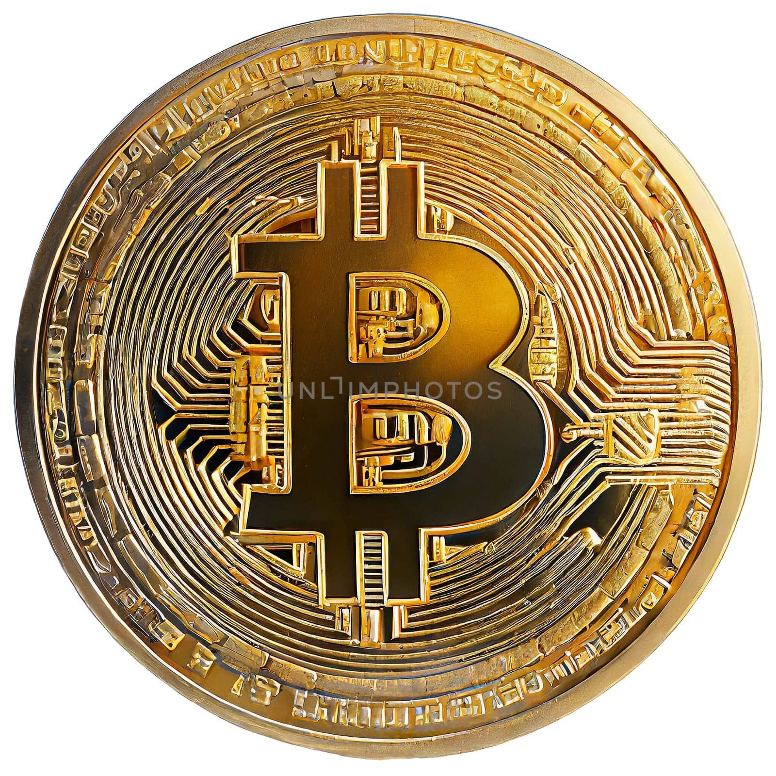 Golden bitcoin isolated on white background. Cryptocurrency. 3D rendering. AI generated