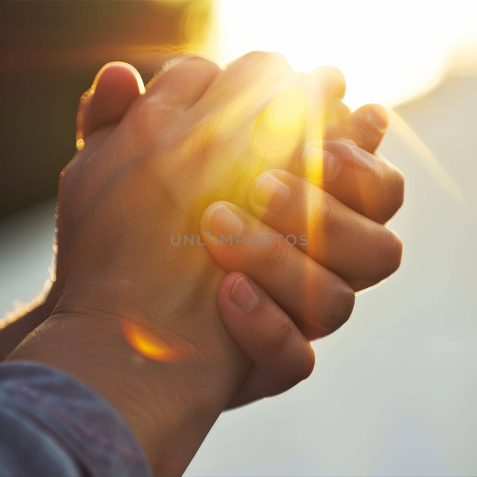 Clasped hands bask in the warm glow of the setting sun, symbolizing unity, warmth, and the power of connection. This tranquil scene conveys comfort and togetherness